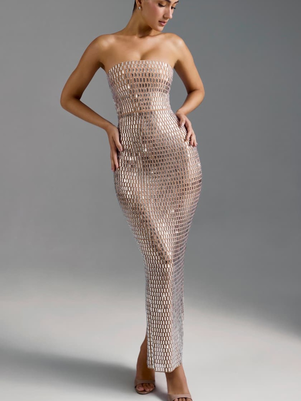 Oh Polly Amaya Embellished Bandeau Maxi Dress in Almond